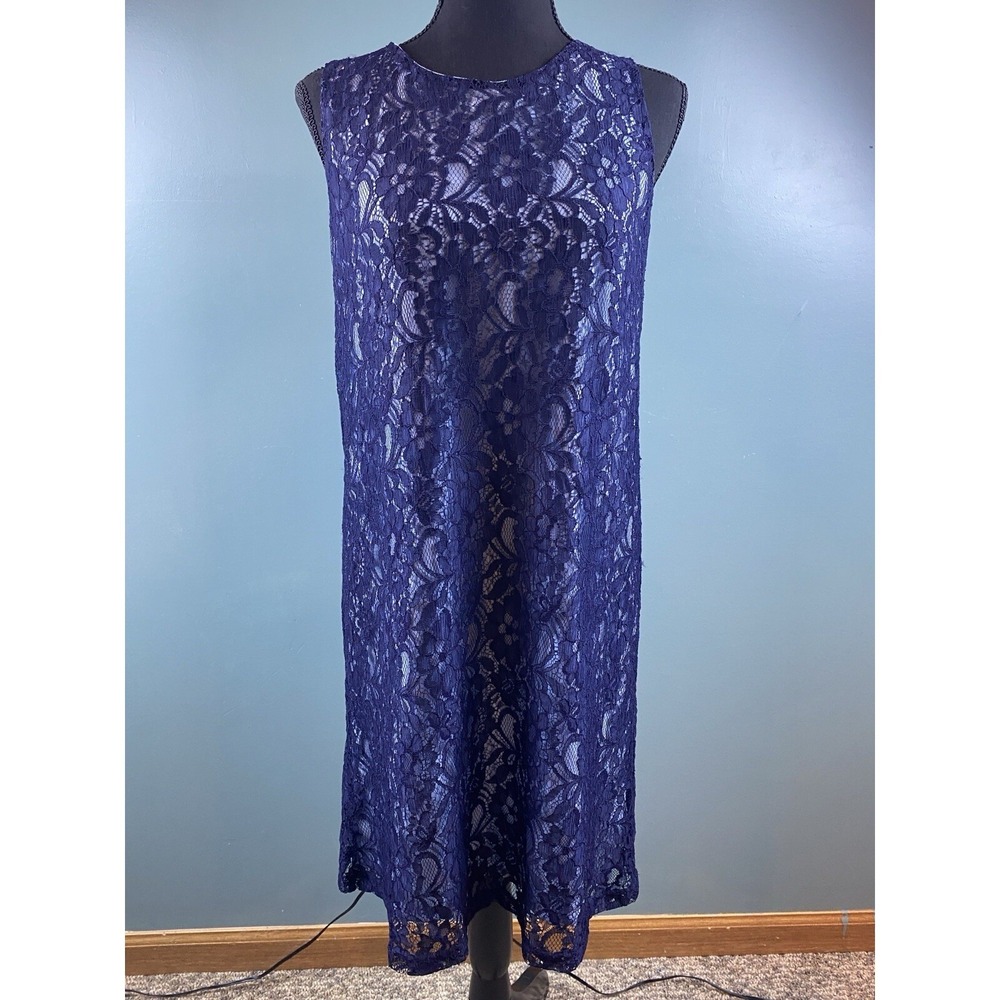 Navy‎ Blue Floral Lace Sleeveless Shift Dress Round Neck Midi Elegant Cocktail - Picture 2 of 16